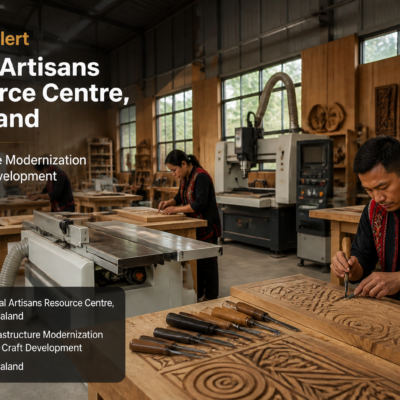 Modern woodworking machinery in a workshop for Tribal Artisans Resource Centre in Nagaland