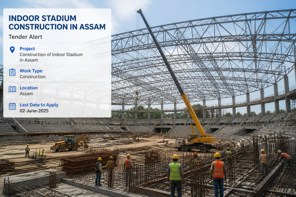 Construction site of an indoor stadium in Assam showing steel framework and workers during building phase