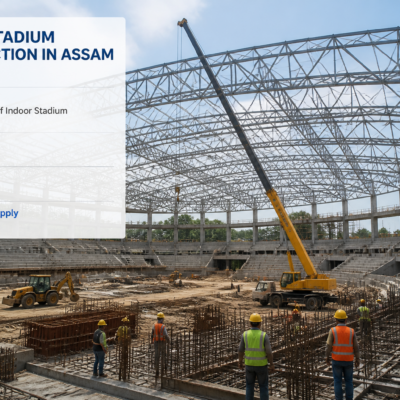 Construction site of an indoor stadium in Assam showing steel framework and workers during building phase