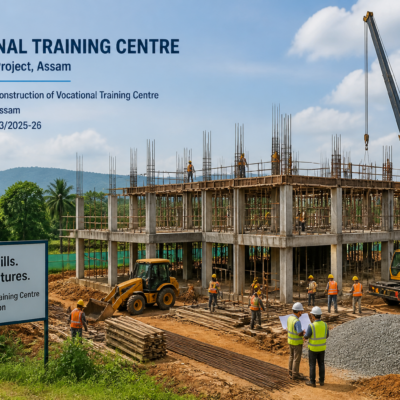 Construction site of Udalguri Vocational Training Centre in Assam showing framework and machinery