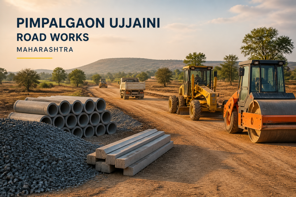 Machinery and materials staged for rural road construction tender by Government of Maharashtra at Pimpalgaon Ujjaini