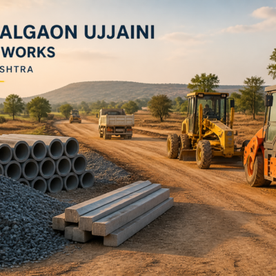 Machinery and materials staged for rural road construction tender by Government of Maharashtra at Pimpalgaon Ujjaini