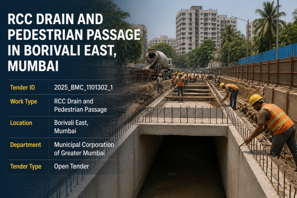 RCC drain and pedestrian passage construction site at Borivali East, Mumbai, under tender by MCGM