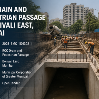 RCC drain and pedestrian passage construction site at Borivali East, Mumbai, under tender by MCGM