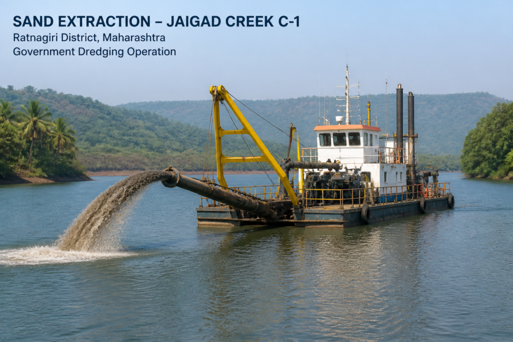 Dredger sand excavation operation at Jaigad Creek C-1 in Ratnagiri, Maharashtra under government mining tender