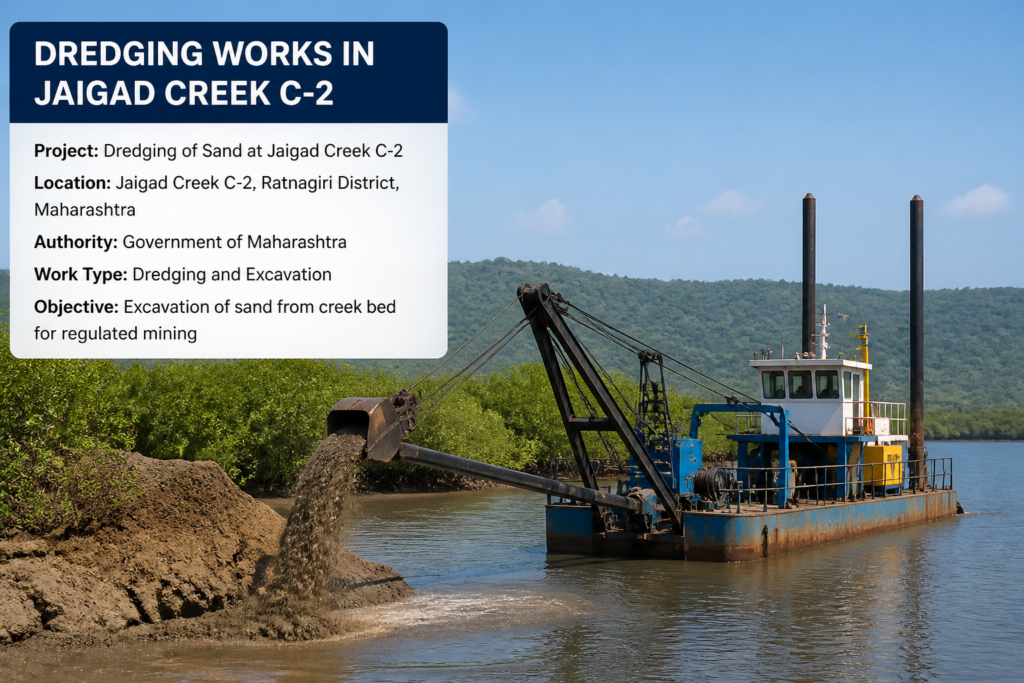 Dredger excavating sand in Jaigad Creek C-2, Ratnagiri district under Maharashtra government mining tender