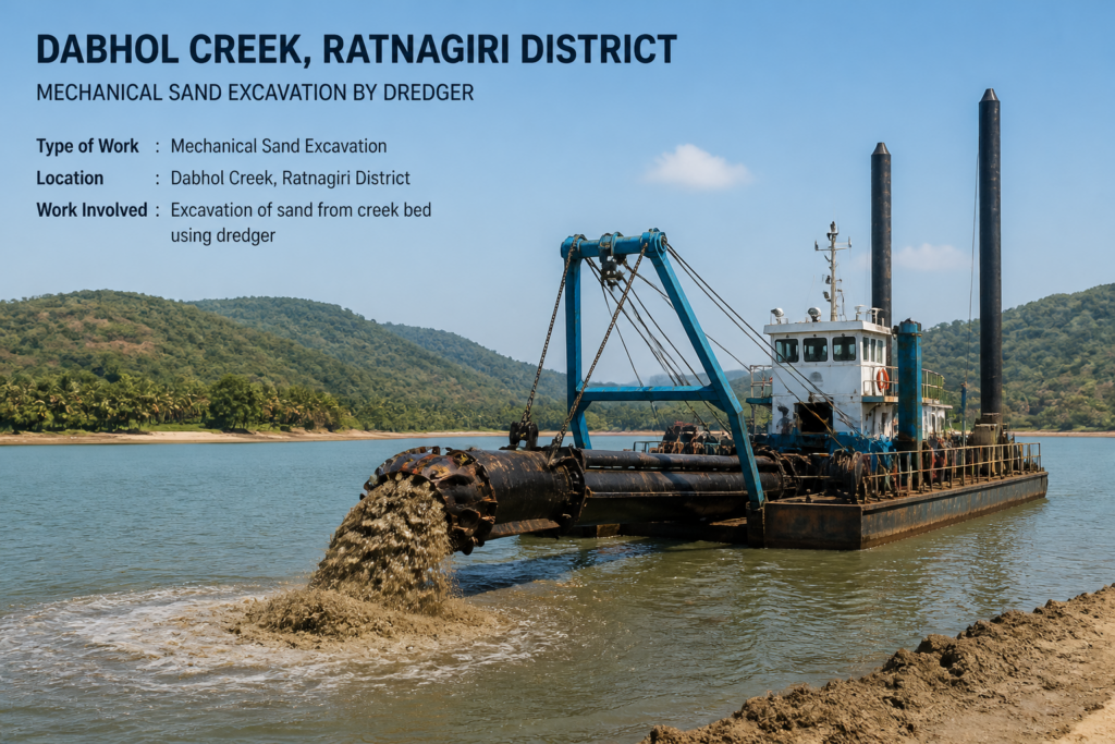 Dredger boat excavating sand at Dabhol Creek in Ratnagiri district Maharashtra