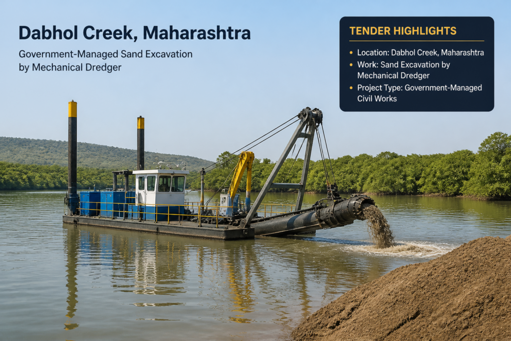 Mechanical dredger excavating sand at Dabhol Creek G-5, Maharashtra government mining project.