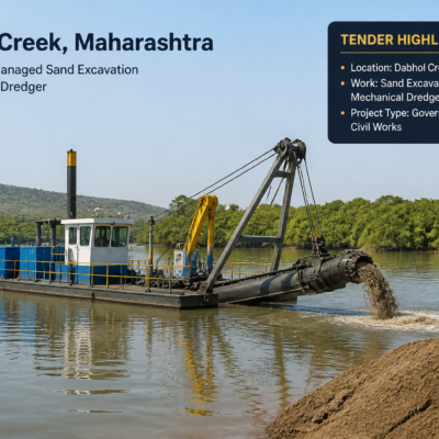 Mechanical dredger excavating sand at Dabhol Creek G-5, Maharashtra government mining project.