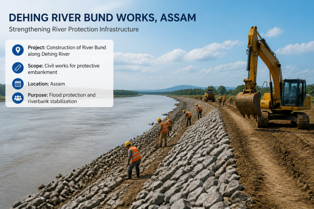 Construction work on the Dehing river bund embankment in Assam for protective civil engineering measures