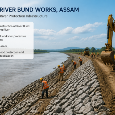 Construction work on the Dehing river bund embankment in Assam for protective civil engineering measures