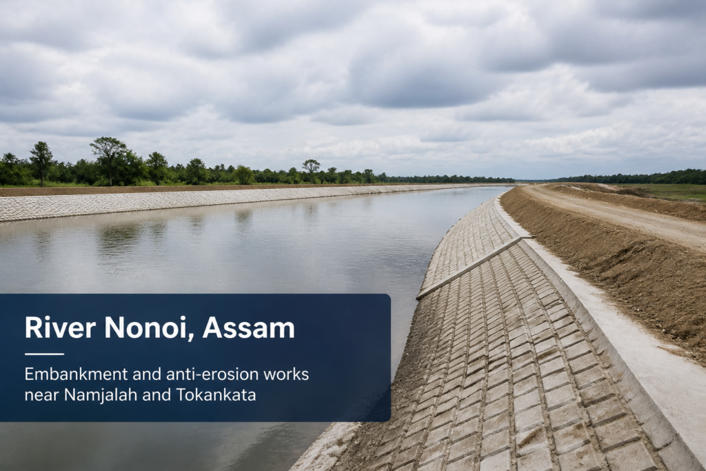River Nonoi in Assam with civil anti-erosion infrastructure near Namjalah and Tokankata areas