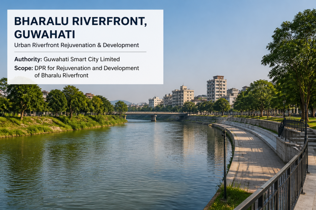 Bharalu Riverfront in Guwahati with riverbanks and urban surroundings illustrating a sustainable riverfront rejuvenation project
