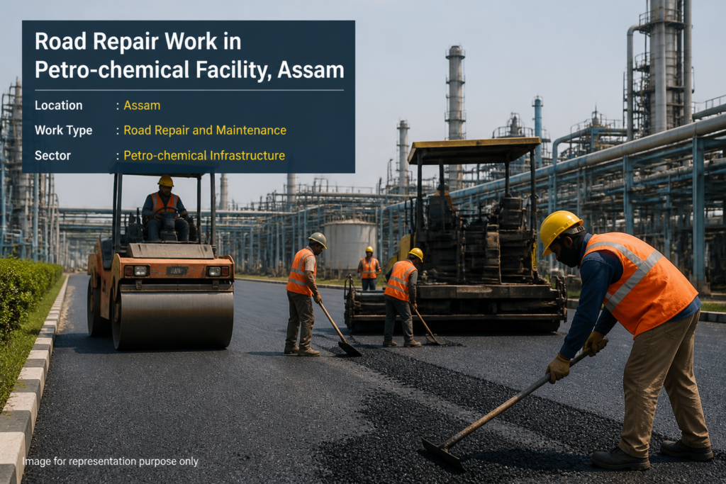 Road repair work inside Assam Petro-Chemicals Ltd industrial facility showing workers and machinery on asphalt surface