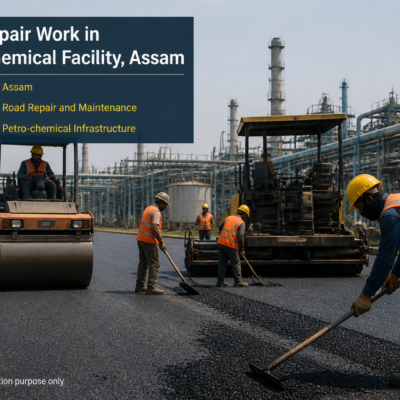 Road repair work inside Assam Petro-Chemicals Ltd industrial facility showing workers and machinery on asphalt surface