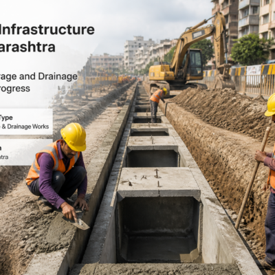 Urban drainage system construction work in Mumbai representing improvement of passage and sewerage infrastructure