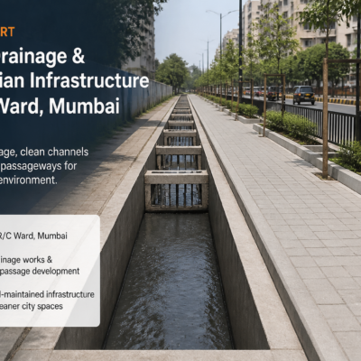 View of an improved urban drainage system and pedestrian pathway in Mumbai's R/C Ward under a maintenance upgrade project.