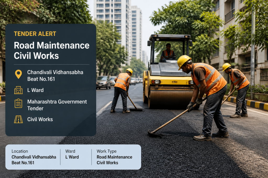 Urban road maintenance work scene representing Chandivali Vidhansabha civil works tender in Mumbai's L Ward