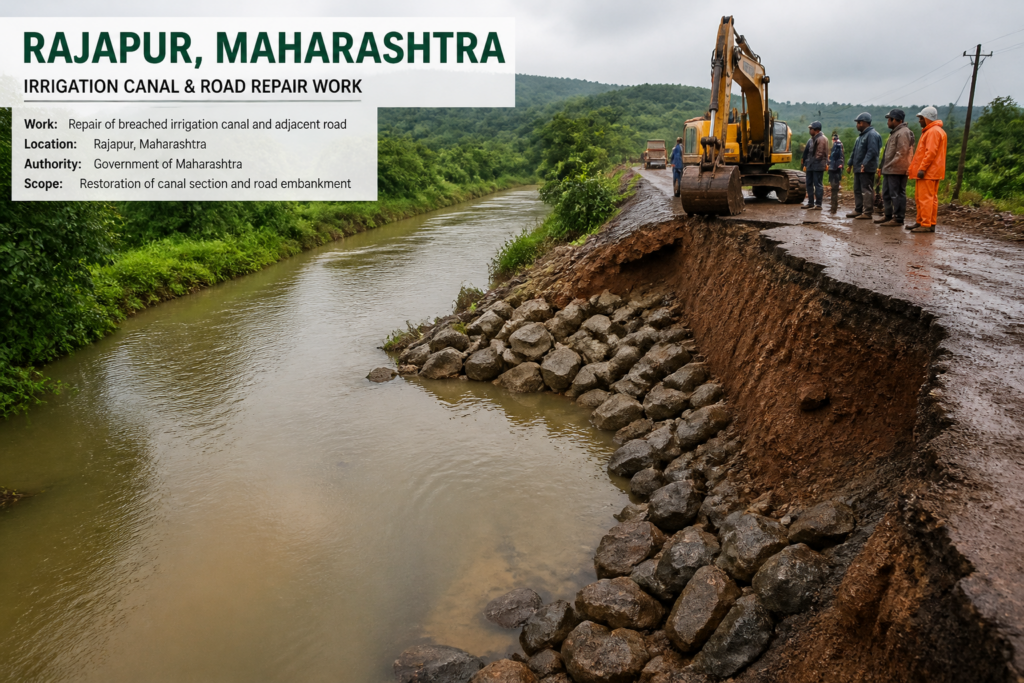 Repair work on breached Arjuna RBC irrigation canal and adjacent road in Rajapur, Maharashtra showing civil engineering restoration efforts