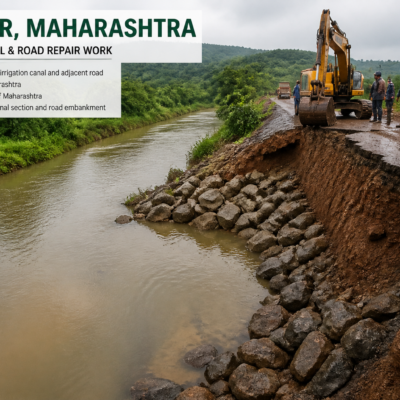 Repair work on breached Arjuna RBC irrigation canal and adjacent road in Rajapur, Maharashtra showing civil engineering restoration efforts