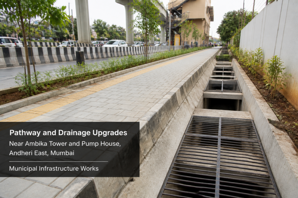 Urban civil works site showing pathway and drainage system improvements near Ambika Tower in Andheri East, Mumbai