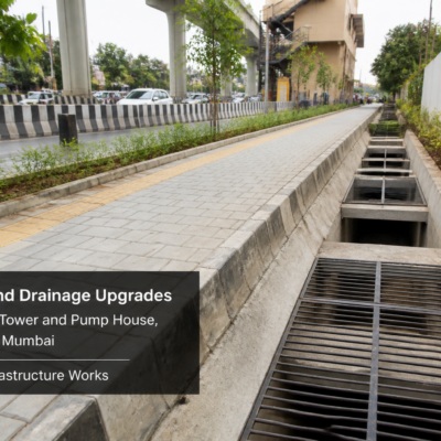 Urban civil works site showing pathway and drainage system improvements near Ambika Tower in Andheri East, Mumbai