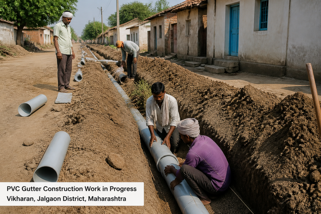 Underground PVC gutter construction work in progress at Vikharan, Maharashtra rural drainage infrastructure project