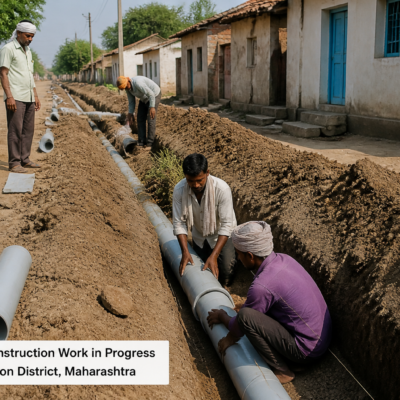 Underground PVC gutter construction work in progress at Vikharan, Maharashtra rural drainage infrastructure project