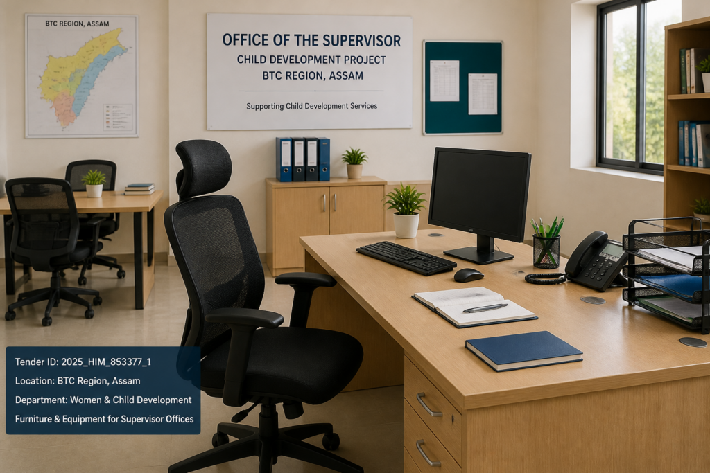 Office furniture and equipment arranged in a government office workspace for supervisory staff in Assam's BTC region