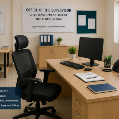 Office furniture and equipment arranged in a government office workspace for supervisory staff in Assam's BTC region