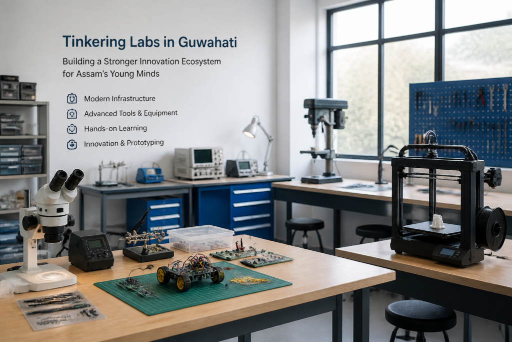 Interior of a modern innovation lab with scientific tools and hardware representing Assam Tinkering Labs setup