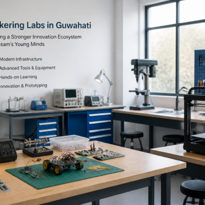 Interior of a modern innovation lab with scientific tools and hardware representing Assam Tinkering Labs setup