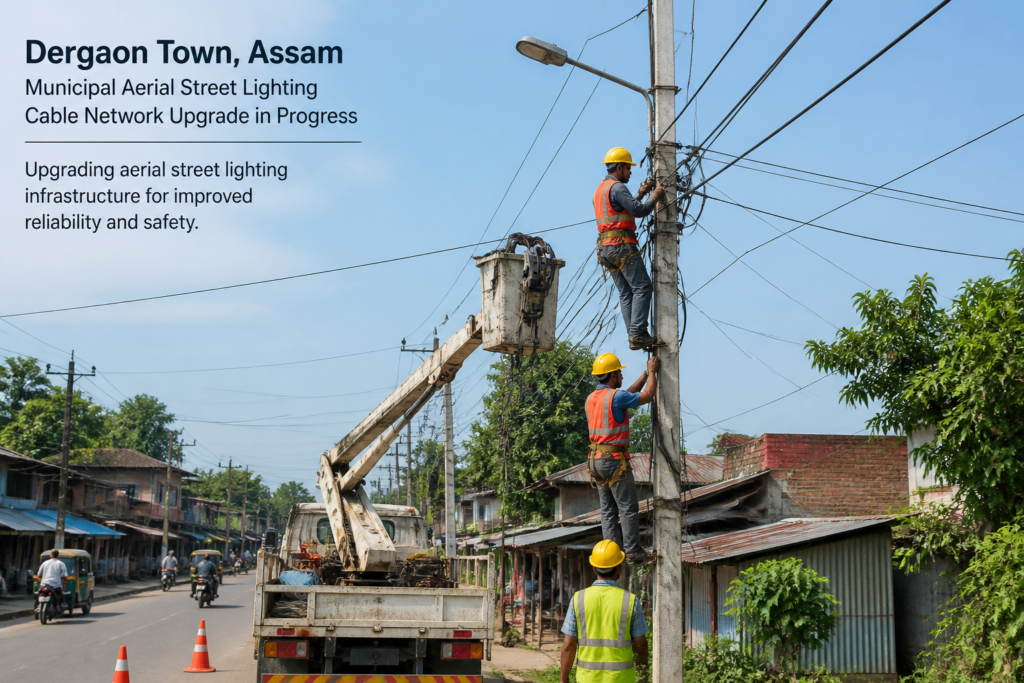 Aerial lighting cable network upgrade work in progress in Dergaon Town municipal wards by Government of Assam