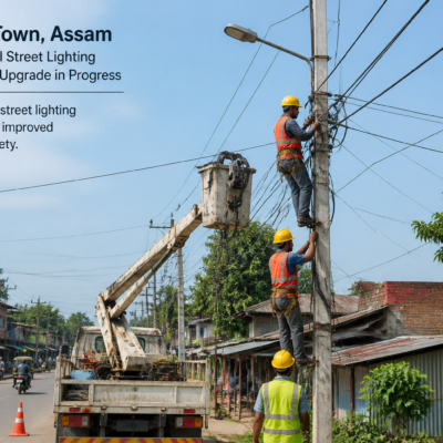 Aerial lighting cable network upgrade work in progress in Dergaon Town municipal wards by Government of Assam