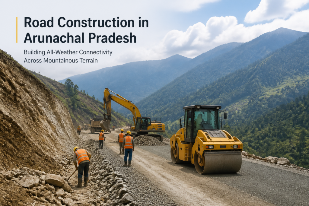 Road construction underway in Papum Pare District, Arunachal Pradesh featuring earthmoving machinery and workers on site