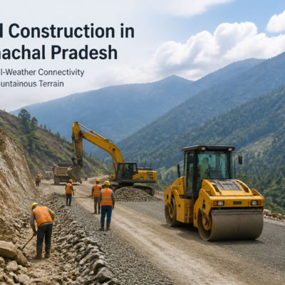 Road construction underway in Papum Pare District, Arunachal Pradesh featuring earthmoving machinery and workers on site