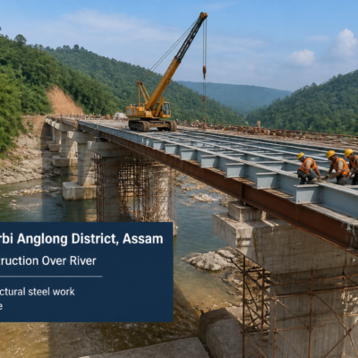 Bridge construction site on NH-39 in Karbi Anglong District, Assam, showing steel framework and natural hilly surroundings