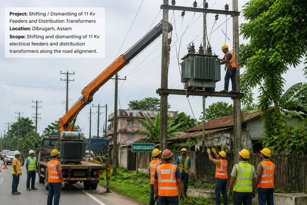 Electrical workers dismantling and shifting 11 Kv electrical feeders and transformers in Dibrugarh, Assam