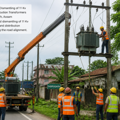 Electrical workers dismantling and shifting 11 Kv electrical feeders and transformers in Dibrugarh, Assam