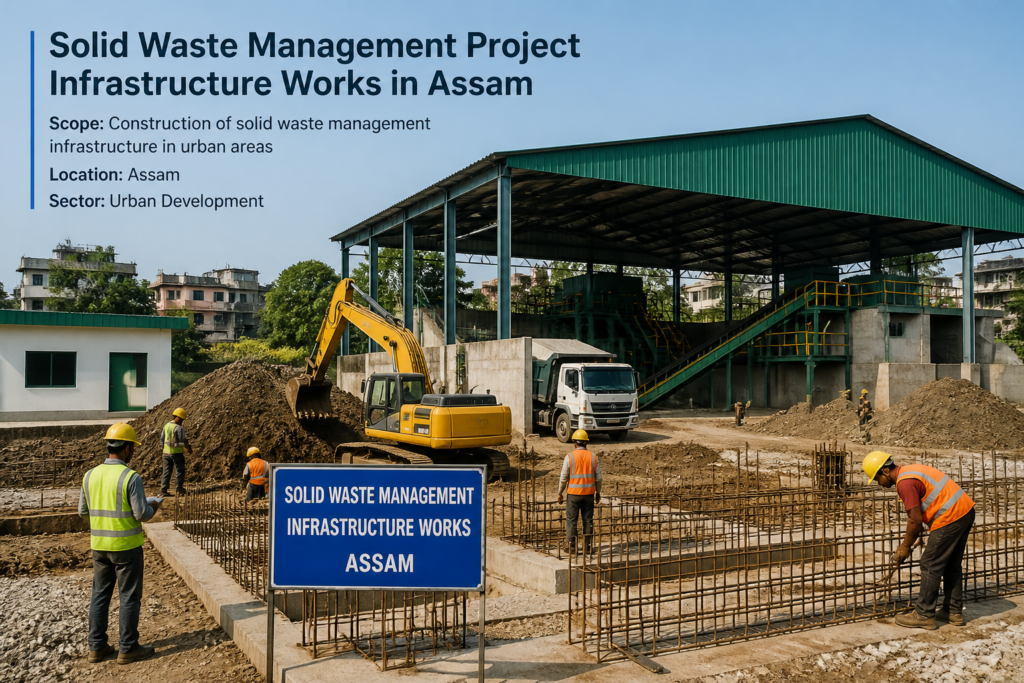 Urban solid waste management infrastructure construction site in Goreswar, Assam under government civil works project