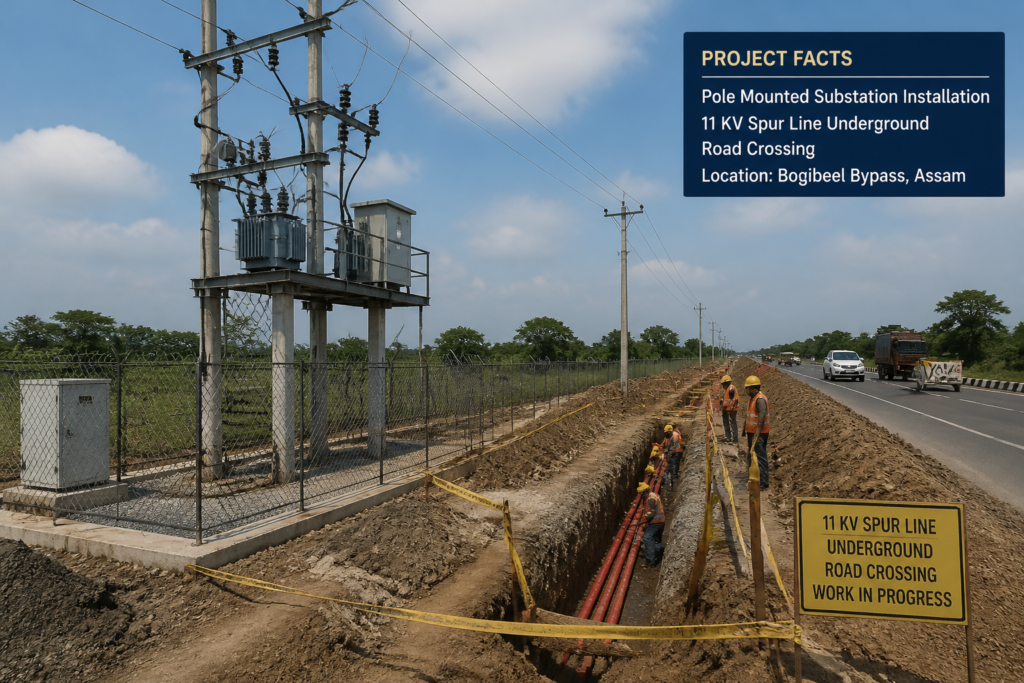Pole mounted substation installation and underground 11 KV road crossing construction work at Bogibeel Bypass, Assam