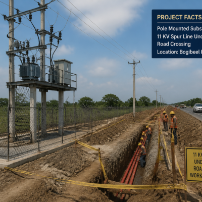 Pole mounted substation installation and underground 11 KV road crossing construction work at Bogibeel Bypass, Assam