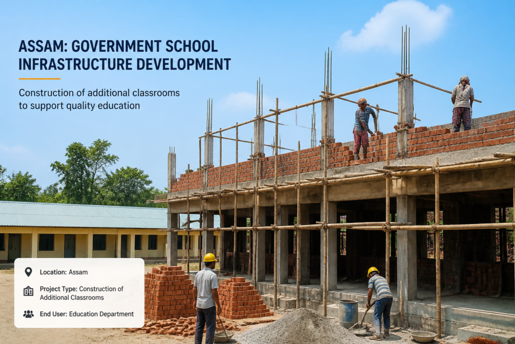 Construction site showing addition of classrooms at a government high school in Assam