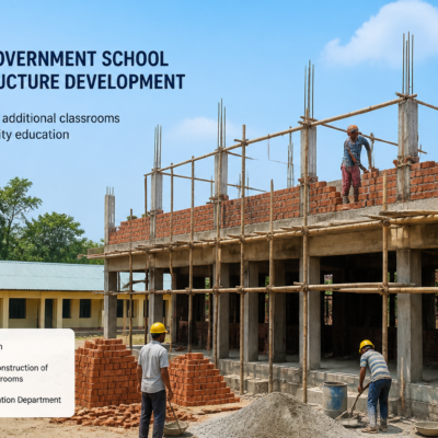 Construction site showing addition of classrooms at a government high school in Assam