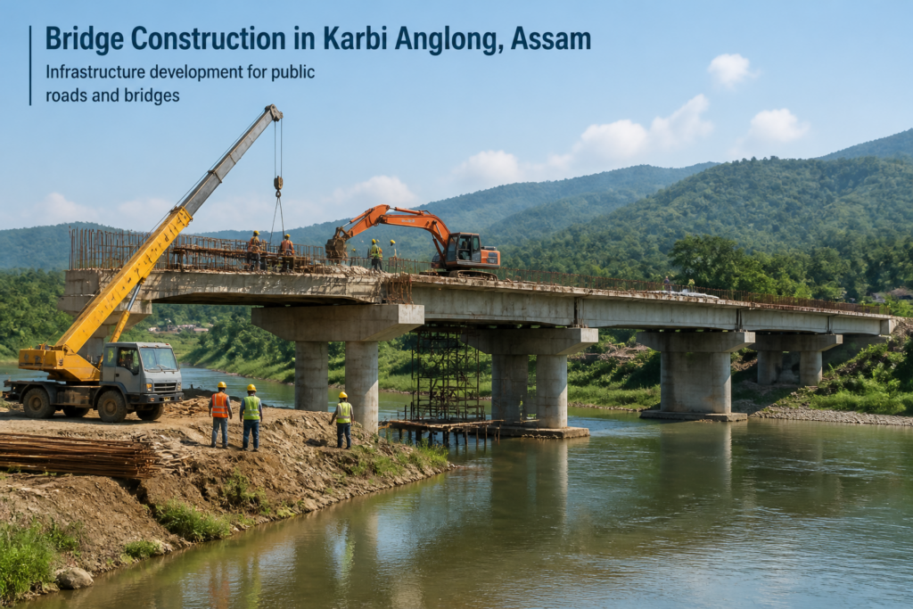 Bridge construction over Dikharu River in Karbi Anglong District, Assam, under government infrastructure project