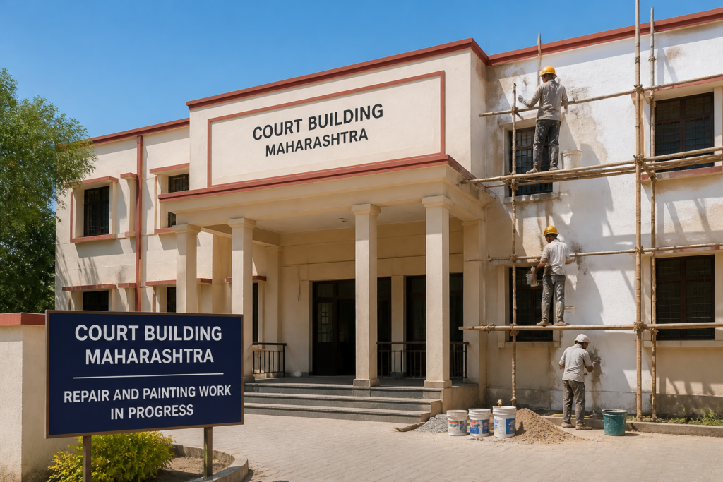 Government courthouse building in Parola, Maharashtra, undergoing repairs and painting work for judicial infrastructure maintenance