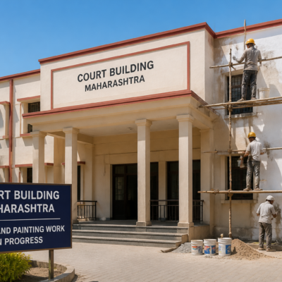 Government courthouse building in Parola, Maharashtra, undergoing repairs and painting work for judicial infrastructure maintenance