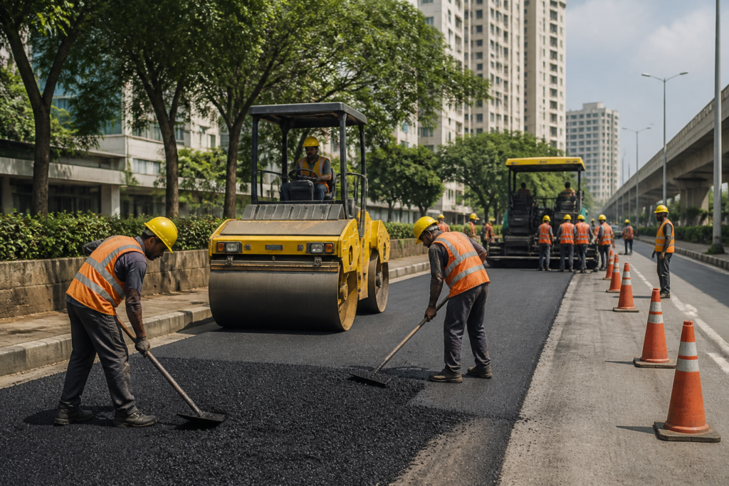 Road maintenance work site in Chandivali, Mumbai showing urban civil works activities by Municipal Corporation of Greater Mumbai