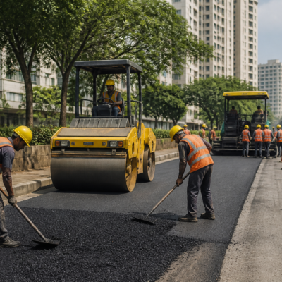 Road maintenance work site in Chandivali, Mumbai showing urban civil works activities by Municipal Corporation of Greater Mumbai