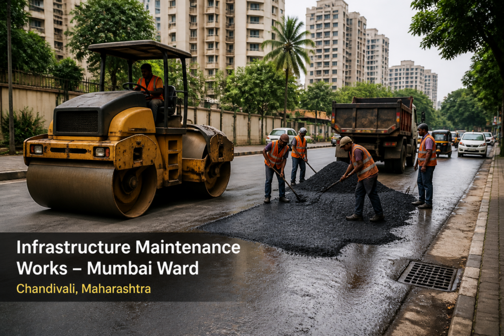 Urban infrastructure maintenance scene in Chandivali L Ward showing civil works machinery and workers